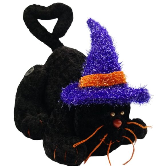 Halloween Black Cat Plush With Purple & Orange Witch Hat Posable Tail - Picture 3 of 16